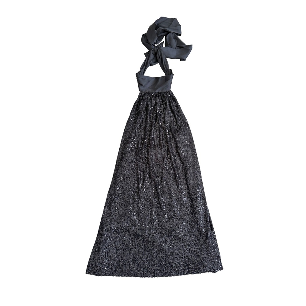 Ramy Brook Corine‎ Black Sequin Halter Mini Dress Satin Finish Tie Back XS NEW - Picture 2 of 4